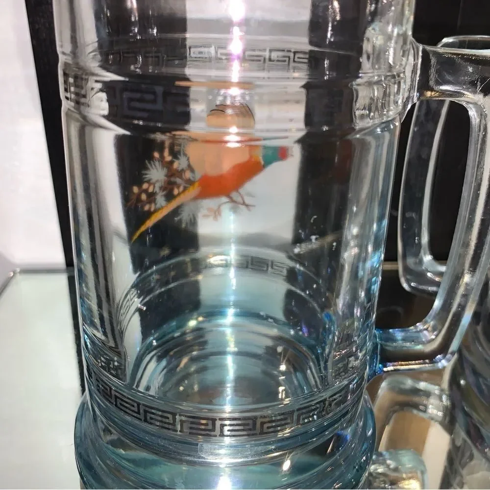 Vintage Pair of Hunting Vibe Clear Glass Beer Coffee Drink Mug With Handle